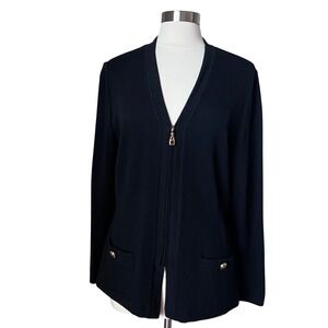 St John Santana Knit Zip Front Cardigan Jacket Gold Button Black Womens 12 FLAW